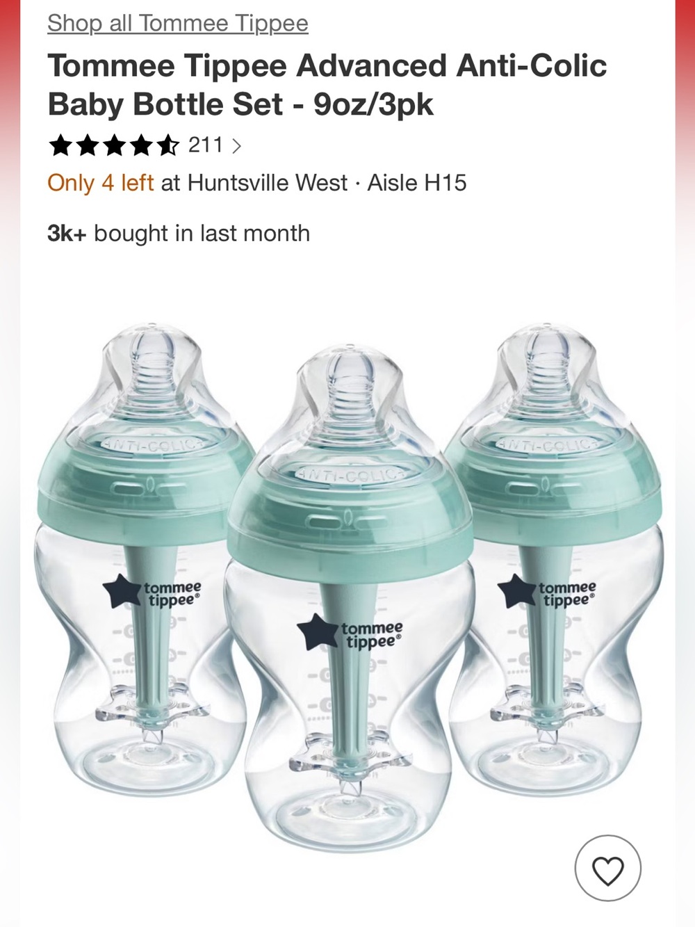 3 Tommee Tippee Advanced Anti-Colic Baby Bottles - Clear with Mint Caps